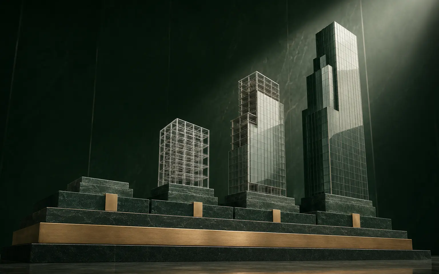 Abstract architectural planes rising through a gold milestone framework