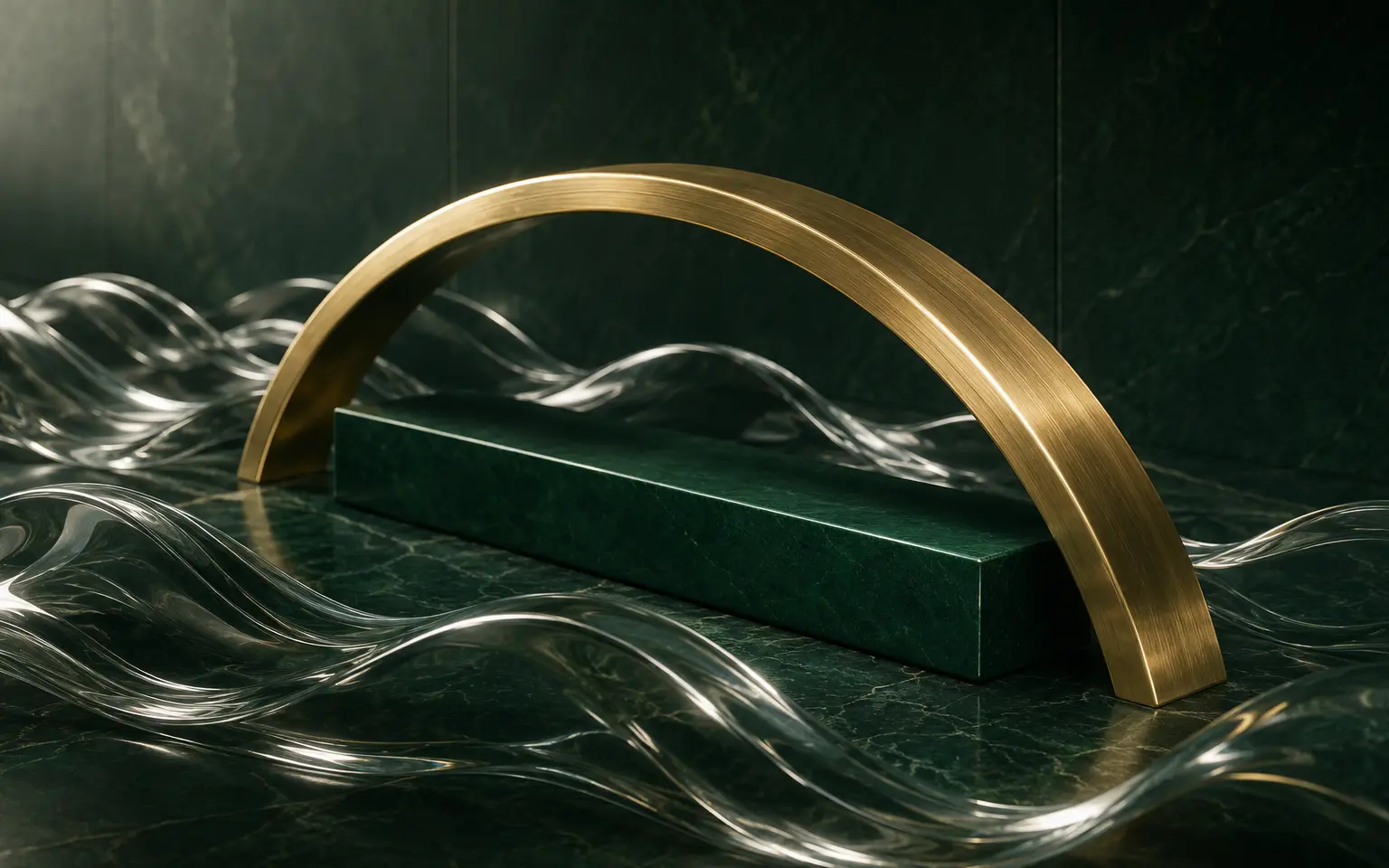 Glass currency forms protected by a precise muted-gold hedging arc