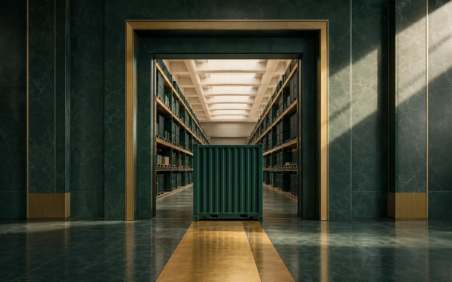 Container forms moving through a gold capital channel in an emerald setting