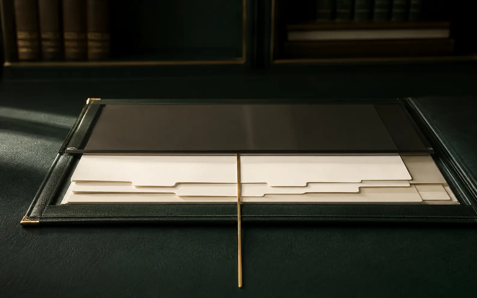 Structured invoice forms and a discreet gold capital line on deep green