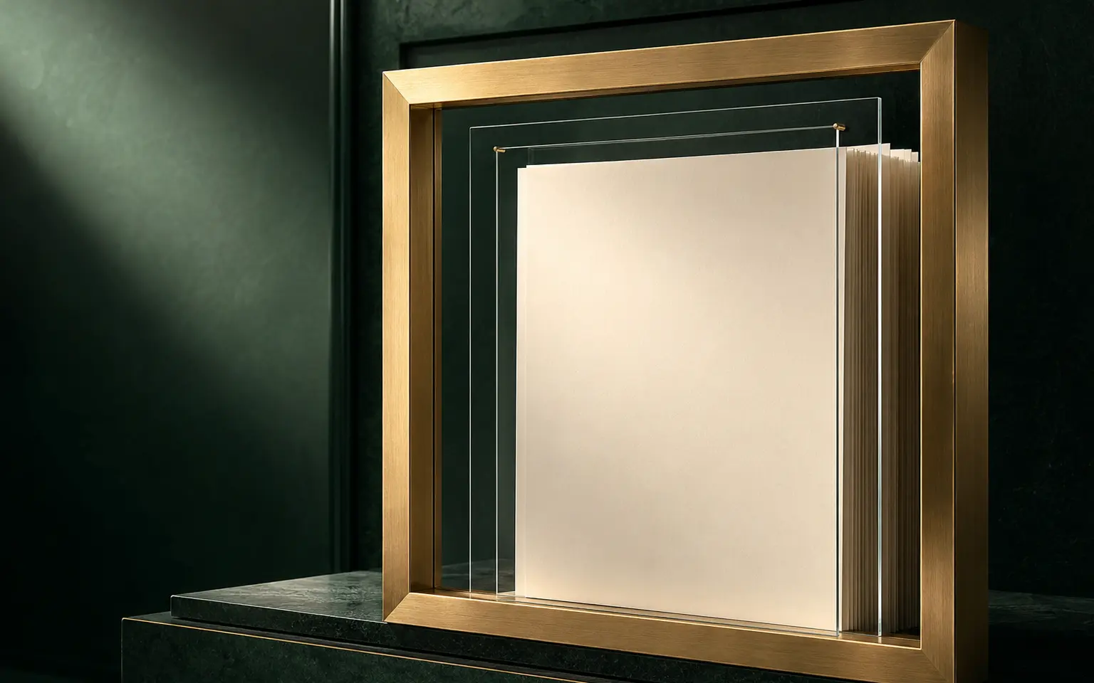 A precise off-white documentary form enclosed by a muted-gold banking frame