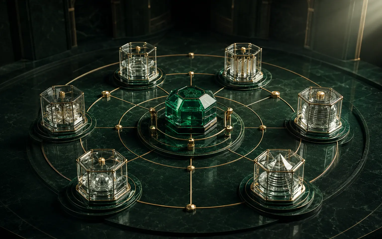 Glass currency rings connected within a premium emerald treasury environment