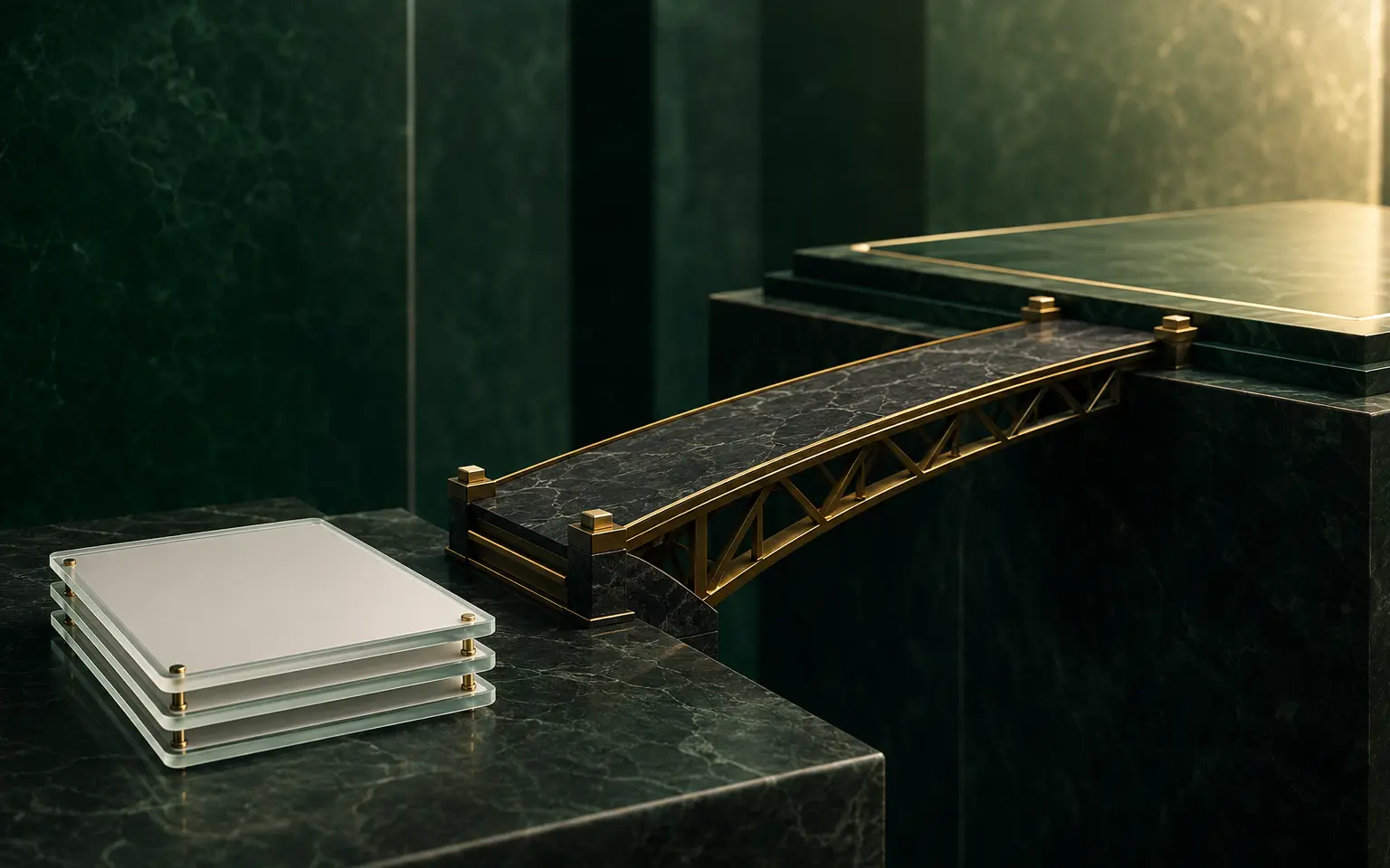 A transparent capital structure connected by muted-gold paths in forest green
