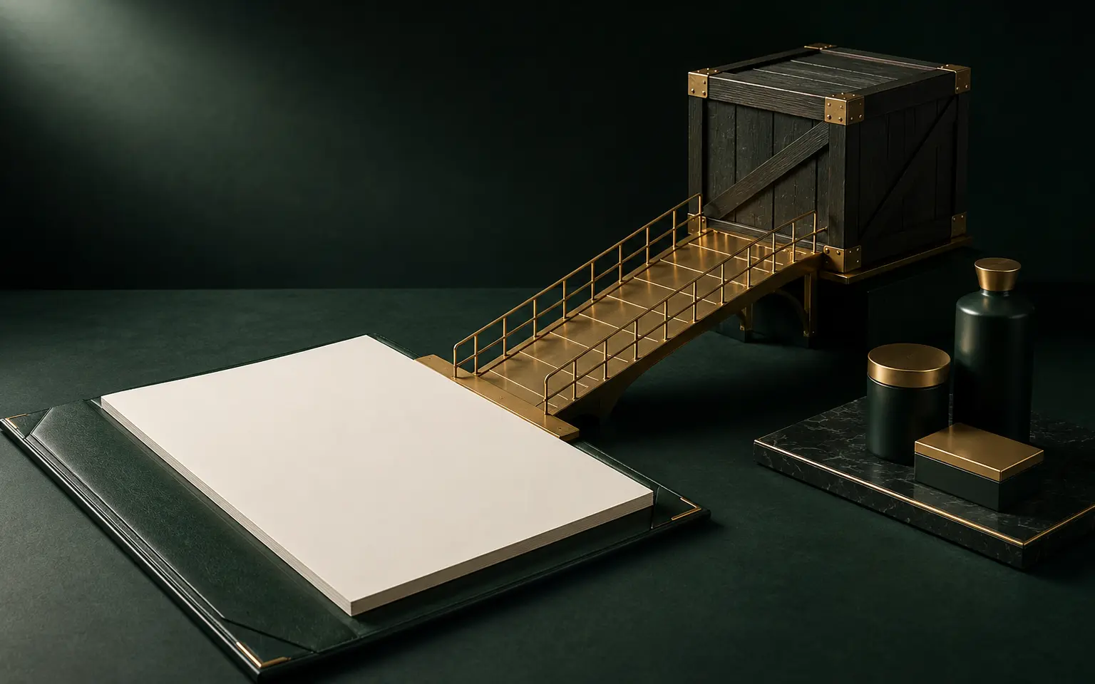 Sculptural purchase order and cargo forms linked by a gold finance route