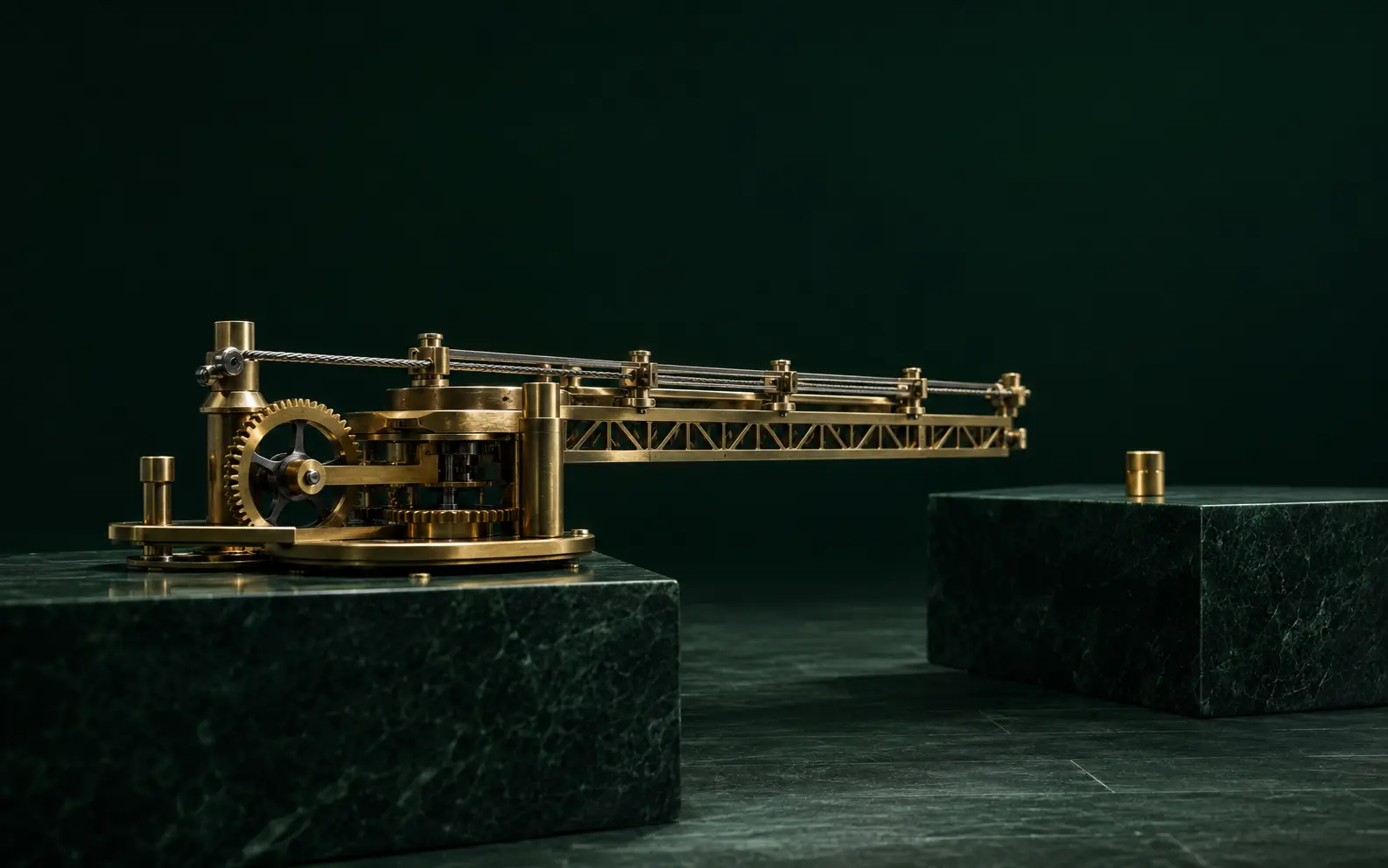 A precise gold capital route crossing a deep green commercial landscape