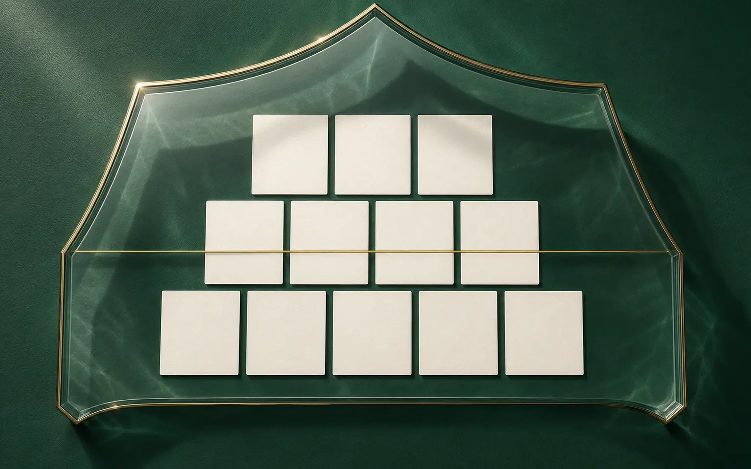 Receivable documents protected by a sculptural gold shield in emerald space