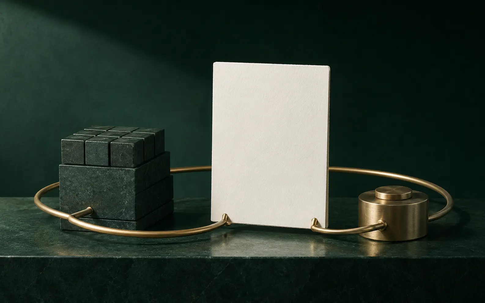 Sculptural trade documents and a gold liquidity channel on a deep green background