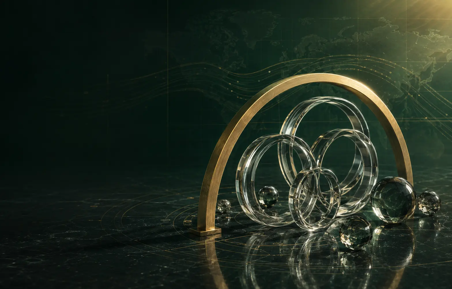 Glass currency rings protected by a gold treasury arc